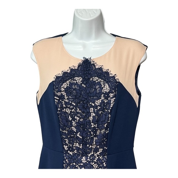 Donna Morgan Floral Lace Sheath Dress Navy Tan Color Block Midi Wedding Guest - Picture 5 of 10